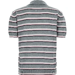 Grey Polo Shirt with Ribbed Details and All-Over Striped Motif in Cotton for Women