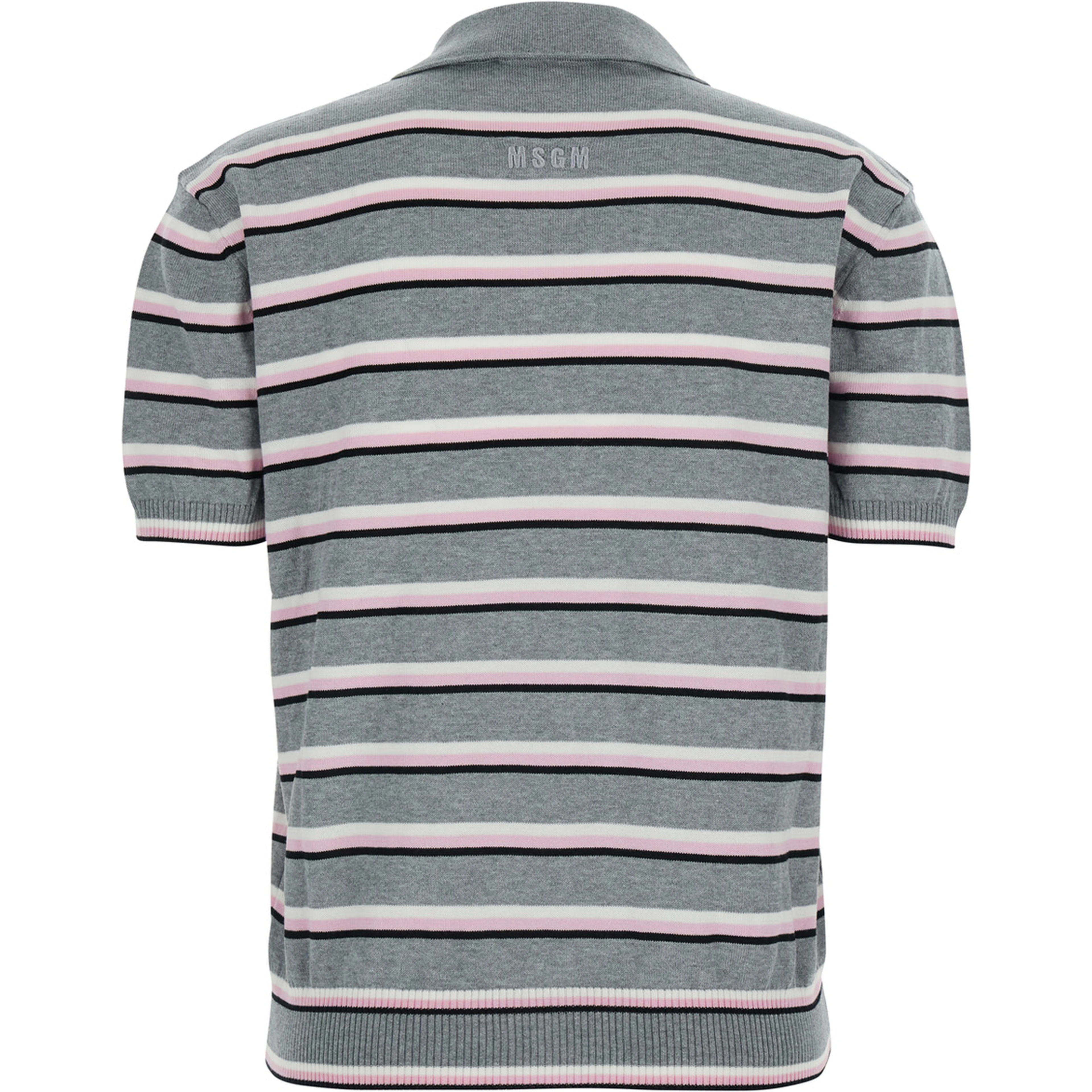 Grey Polo Shirt with Ribbed Details and All-Over Striped Motif in Cotton for Women