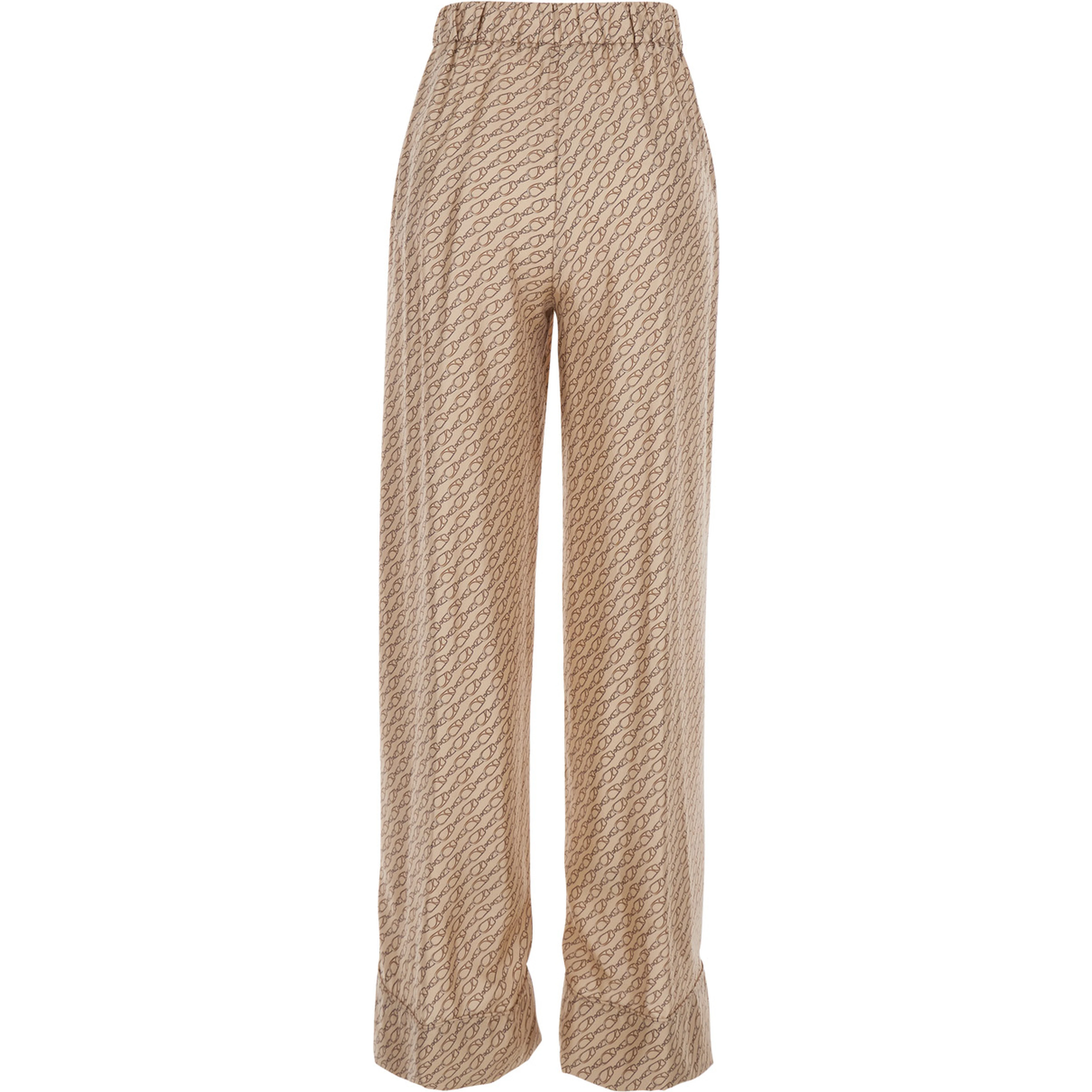 Beige Silk Pants with Elastic Drawstring Waist and All-Over Print Woman
