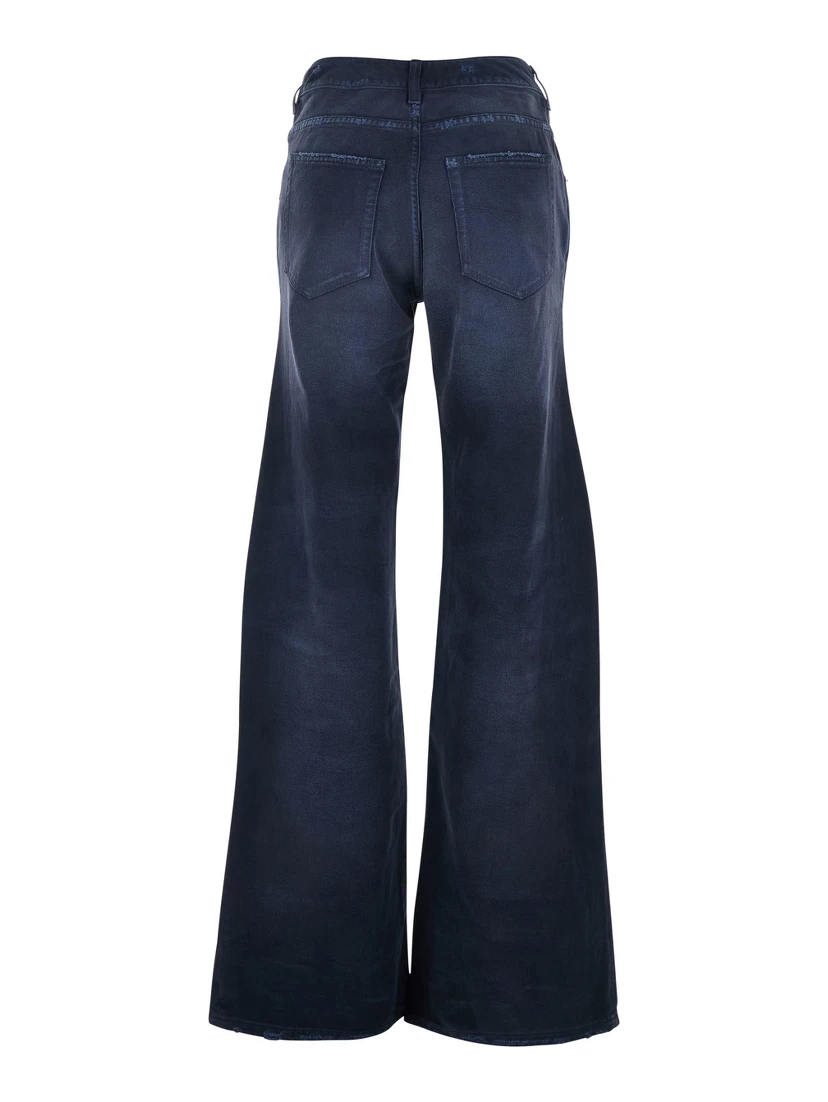 Blue Five-pocket Jeans with Curved Waist and Faded Effect in Denim for Women