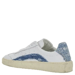 White Low Top Sneakers with Denim Panels and Distressed Effect in Leather Man