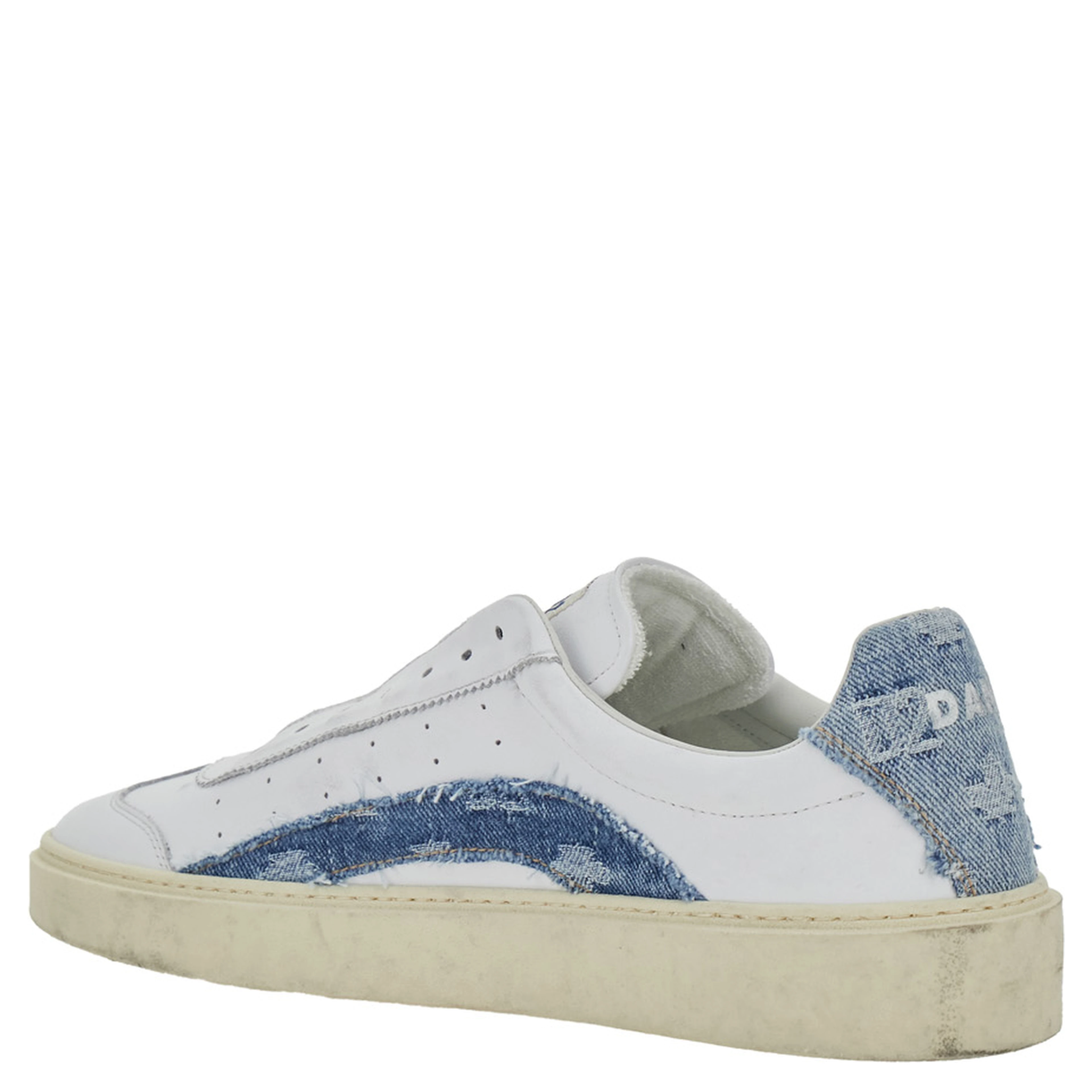 White Low Top Sneakers with Denim Panels and Distressed Effect in Leather Man
