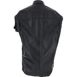 Shirt with classic collar and front pocket in black leather for women