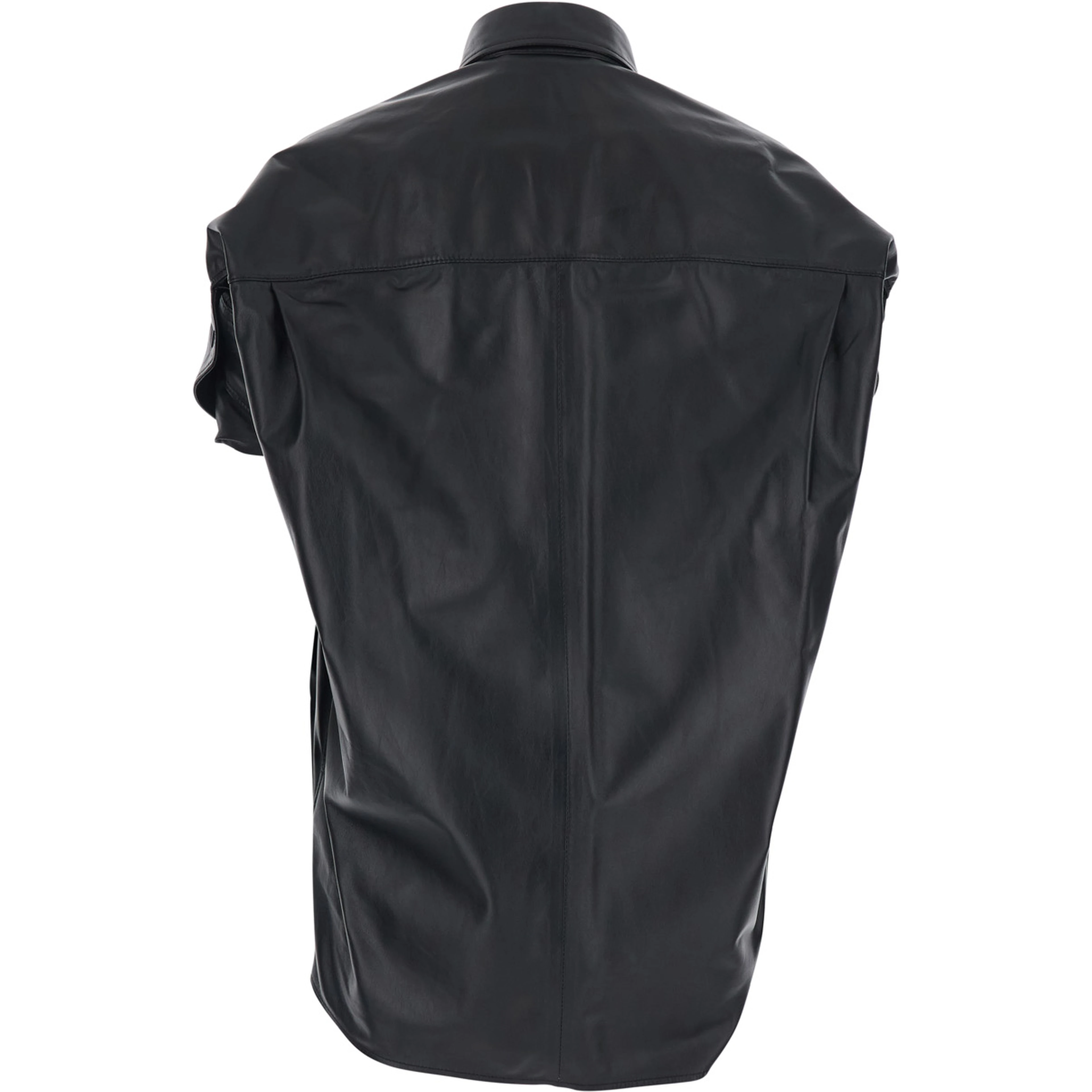 Shirt with classic collar and front pocket in black leather for women