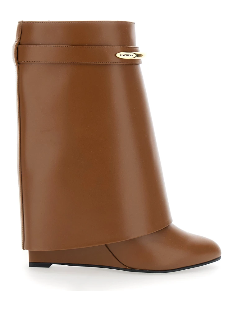 Wedge Heel Ankle Boots with Logo Plate on the Side in Brown Leather for Women