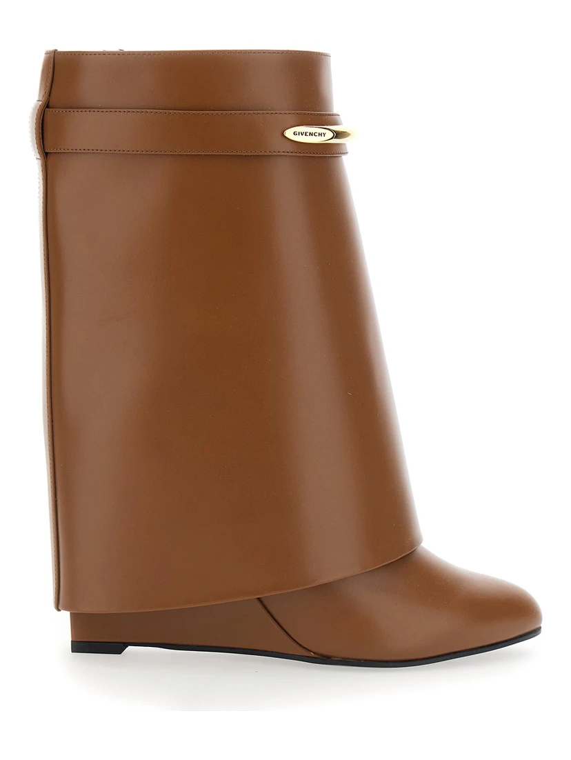 Wedge Heel Ankle Boots with Logo Plate on the Side in Brown Leather for Women