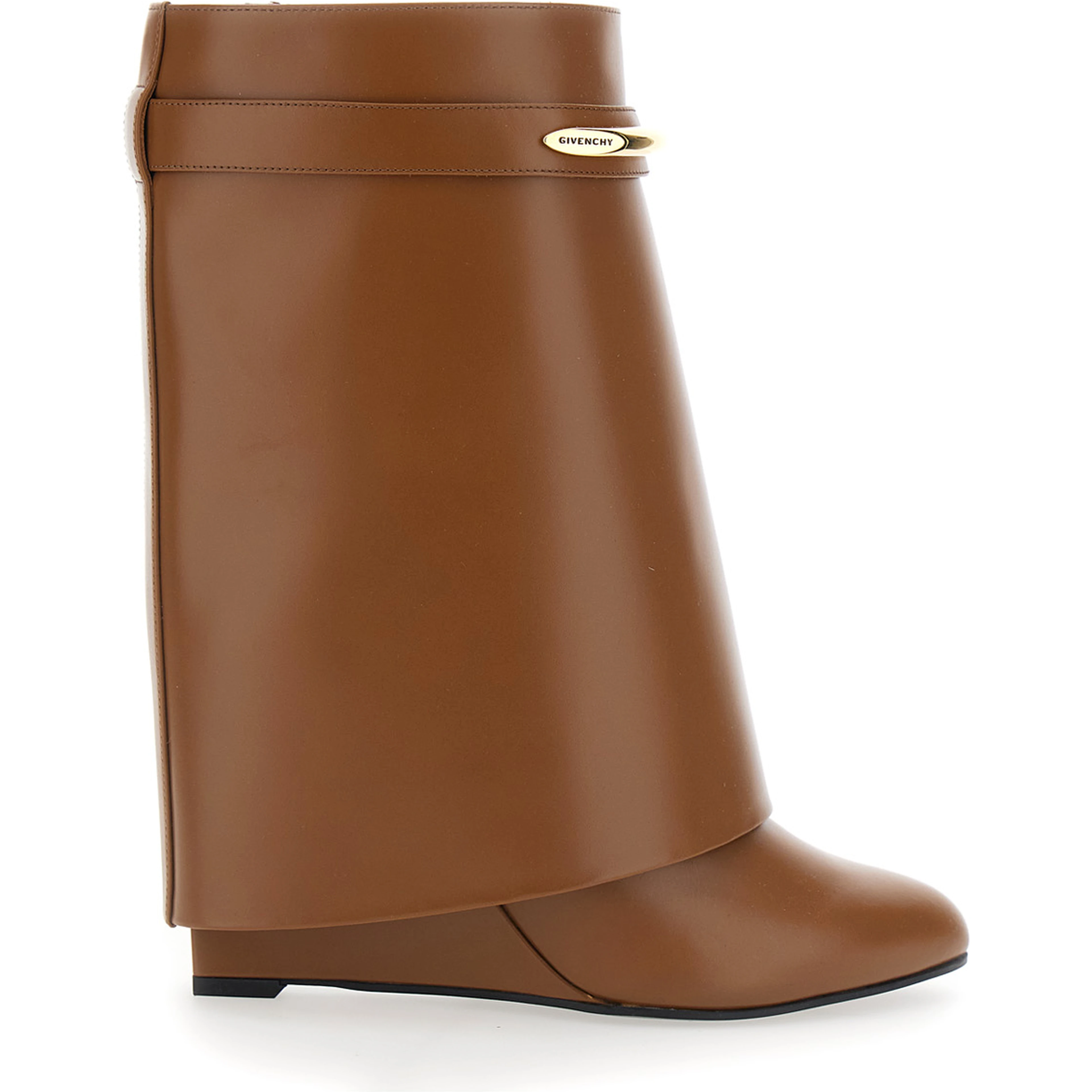 Wedge Heel Ankle Boots with Logo Plate on the Side in Brown Leather for Women