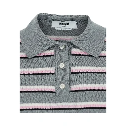 Grey Polo Shirt with Ribbed Details and All-Over Striped Motif in Cotton for Women