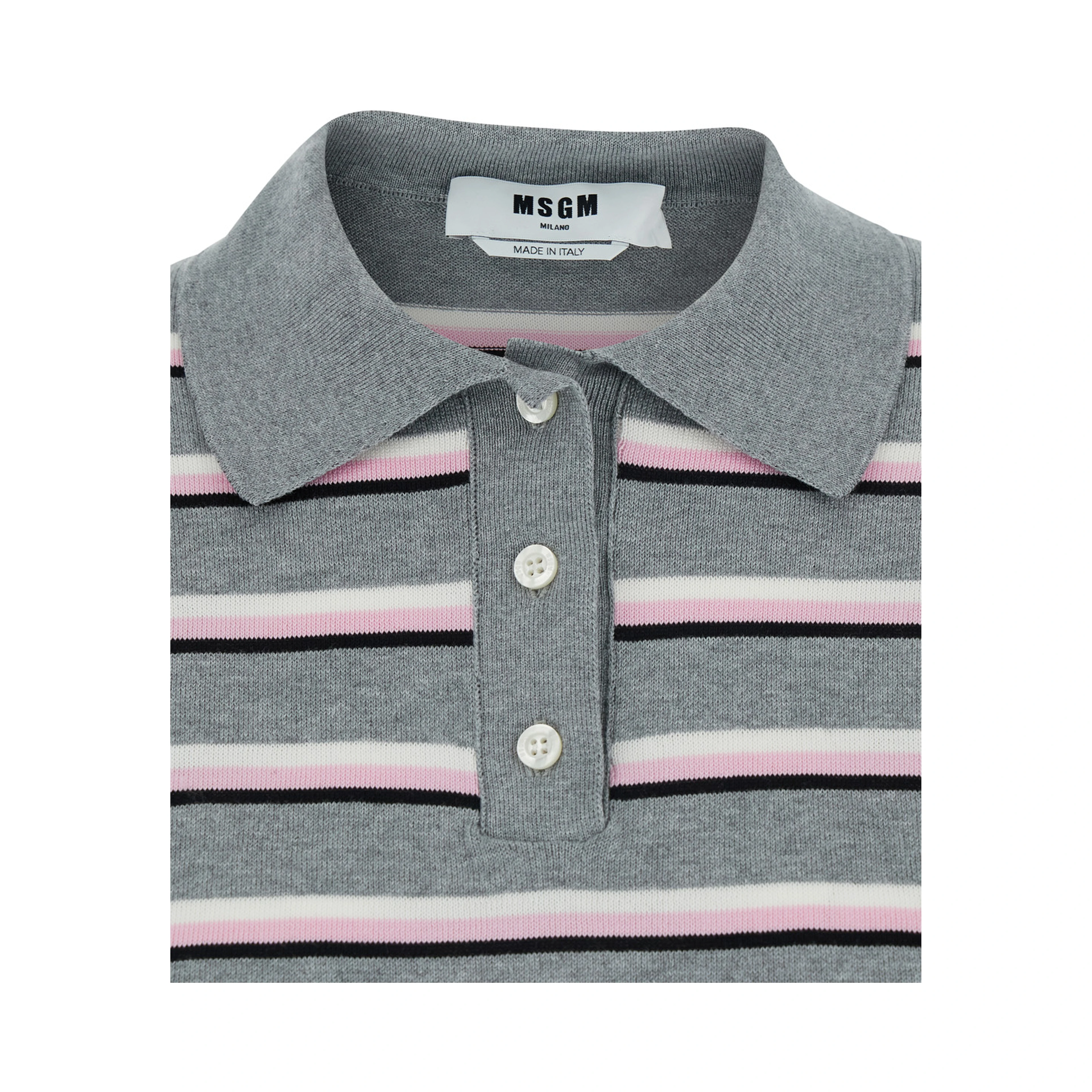 Grey Polo Shirt with Ribbed Details and All-Over Striped Motif in Cotton for Women