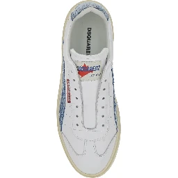 White Low Top Sneakers with Denim Panels and Distressed Effect in Leather Man