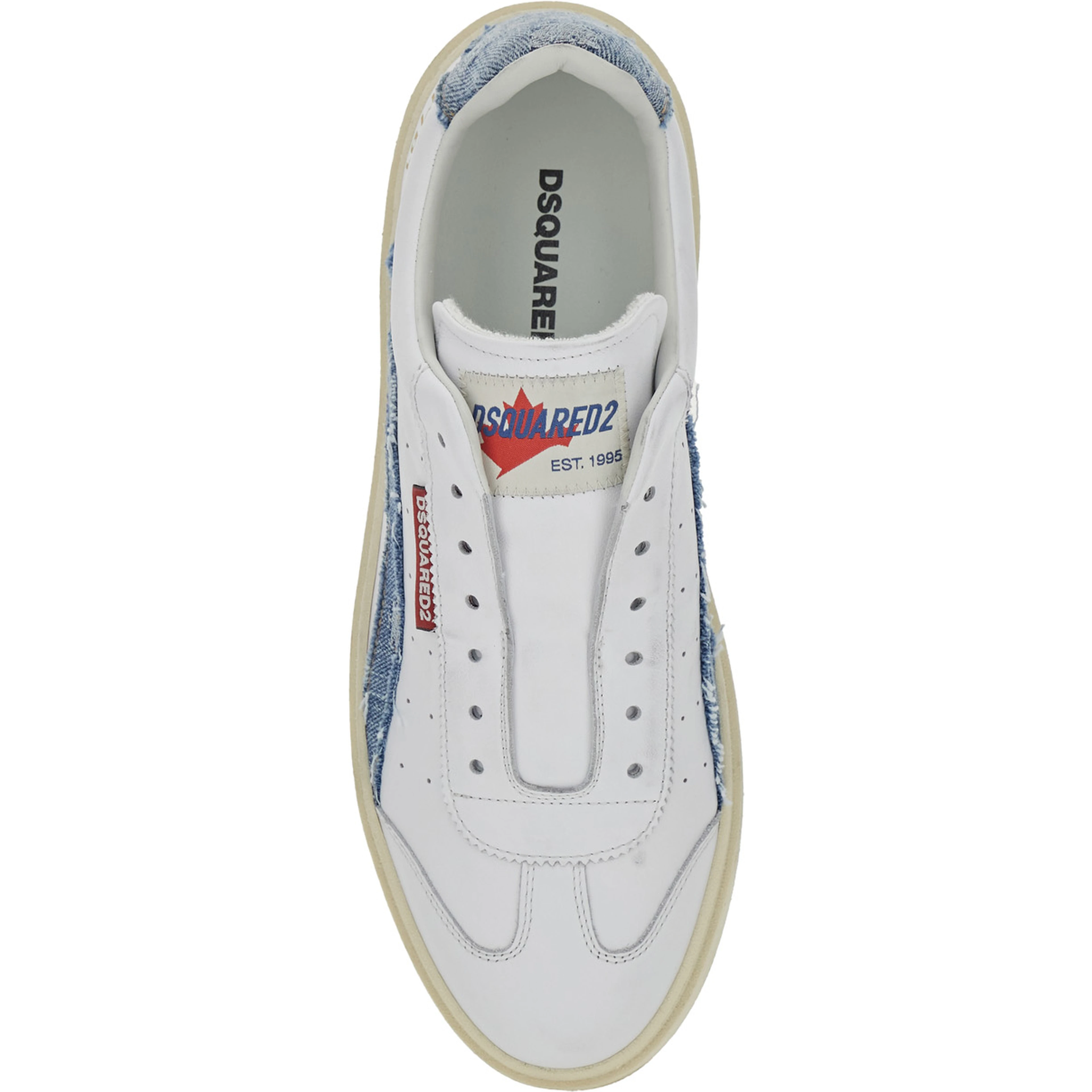 White Low Top Sneakers with Denim Panels and Distressed Effect in Leather Man