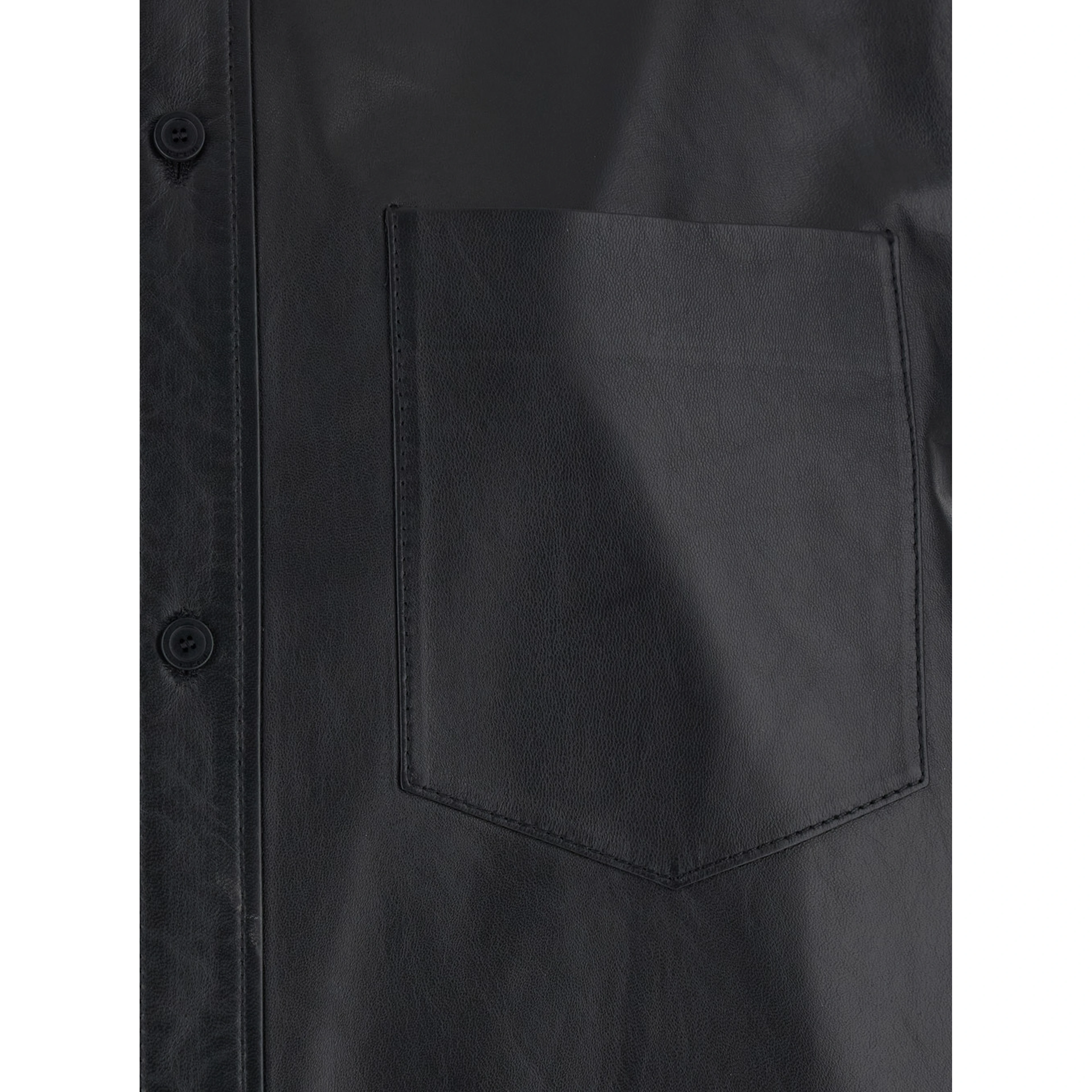 Shirt with classic collar and front pocket in black leather for women