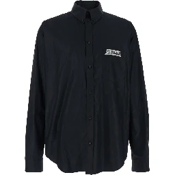 Black shirt with button-down collar and logo on front and back in cotton man