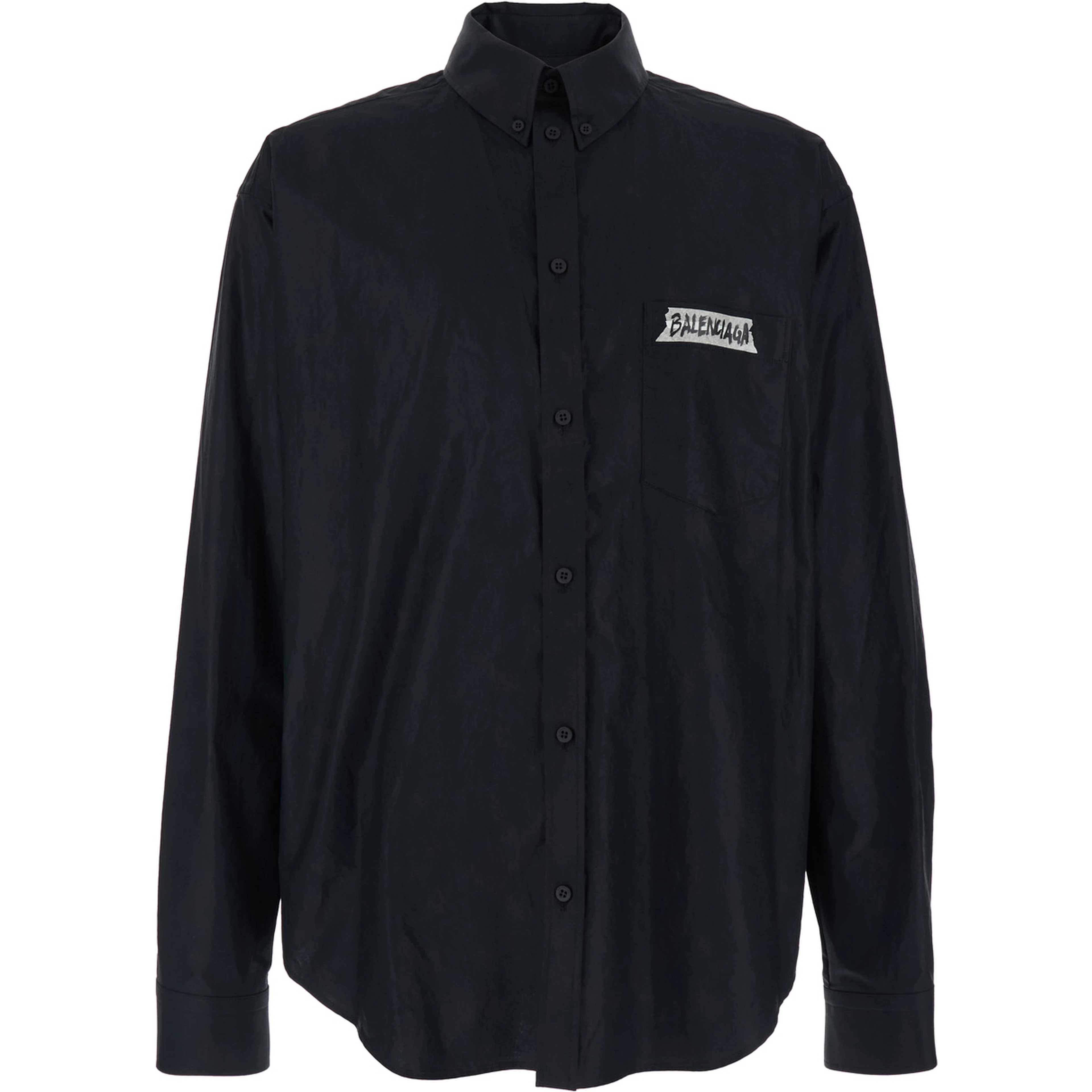 Black shirt with button-down collar and logo on front and back in cotton man