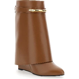 Wedge Heel Ankle Boots with Logo Plate on the Side in Brown Leather for Women