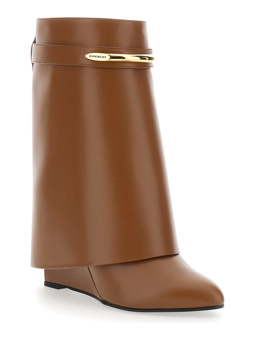 Wedge Heel Ankle Boots with Logo Plate on the Side in Brown Leather for Women