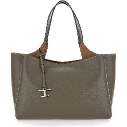 Grey Medium handbag with T metal pendant in leather for women