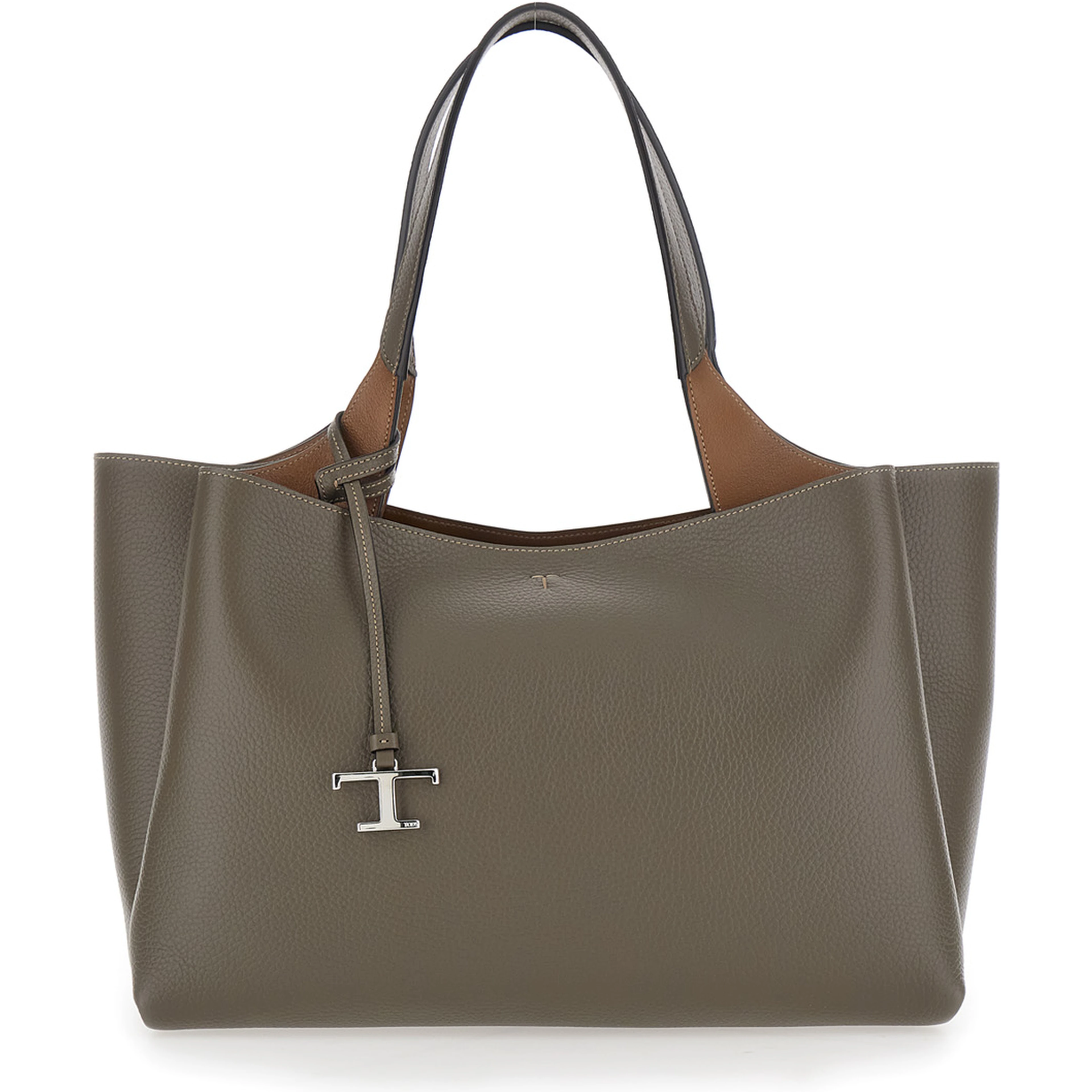 Grey Medium handbag with T metal pendant in leather for women