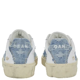 White Low Top Sneakers with Denim Panels and Distressed Effect in Leather Man