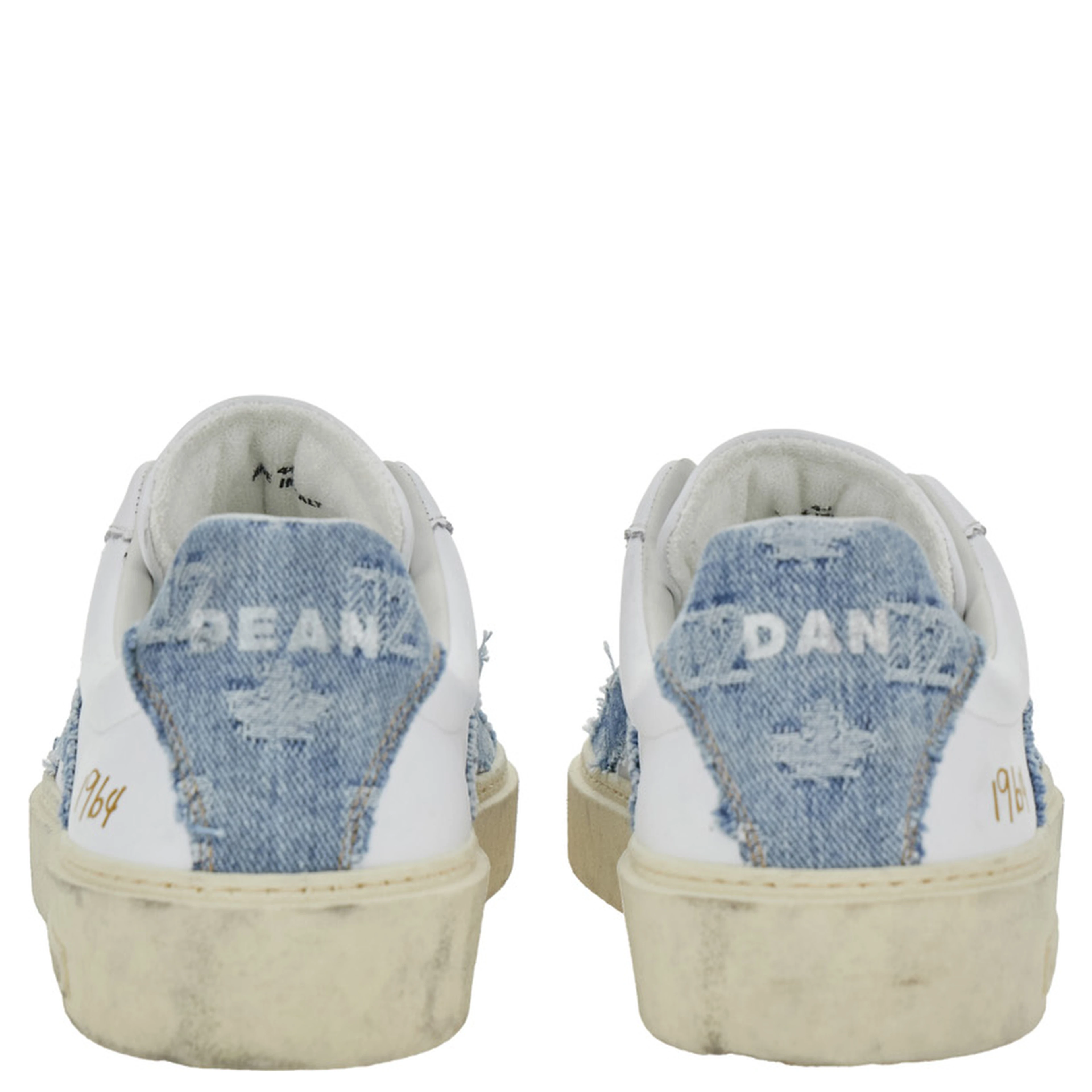 White Low Top Sneakers with Denim Panels and Distressed Effect in Leather Man