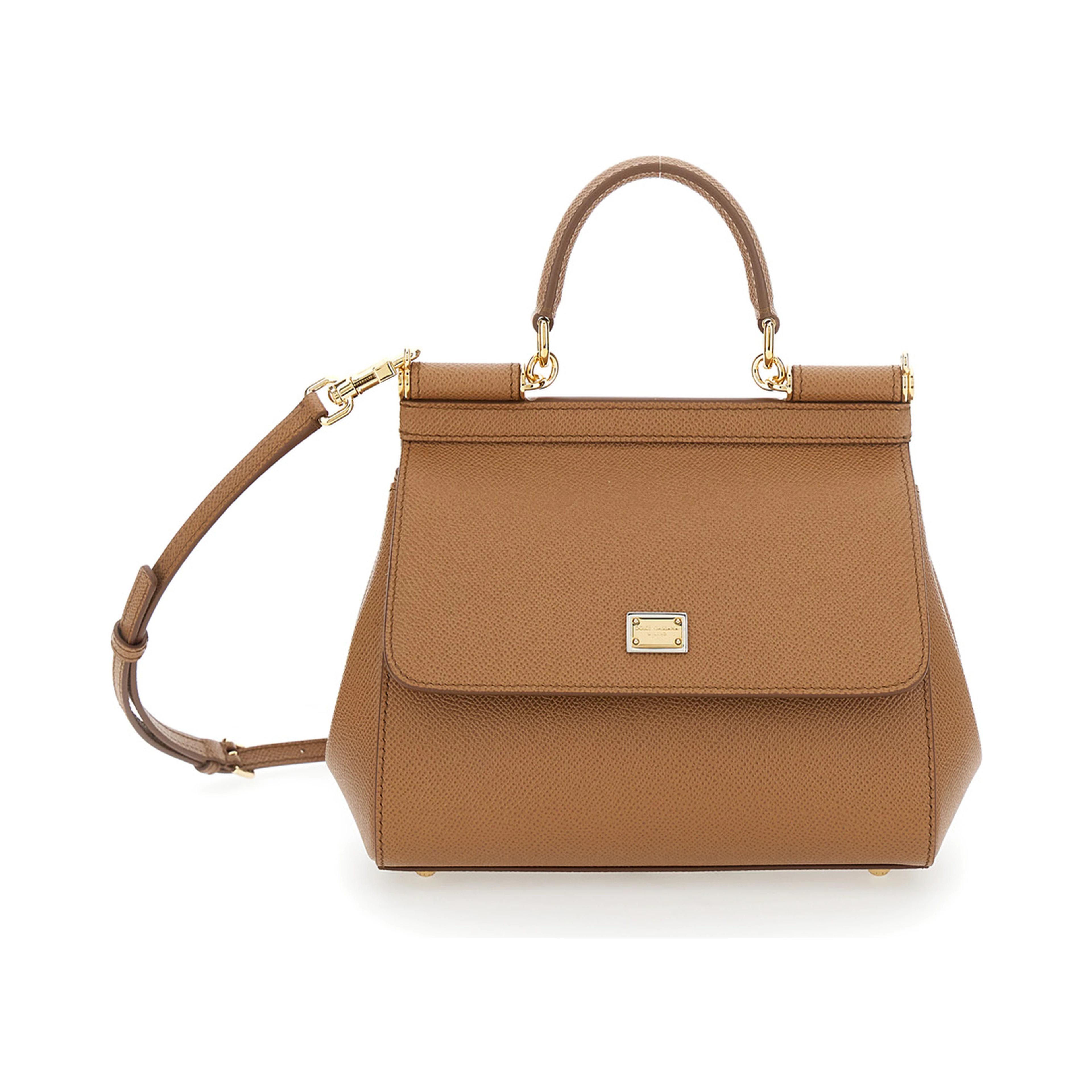 My Sicily Medium Brown Handbag with Logo Plate on Front in Grained Leather for Women