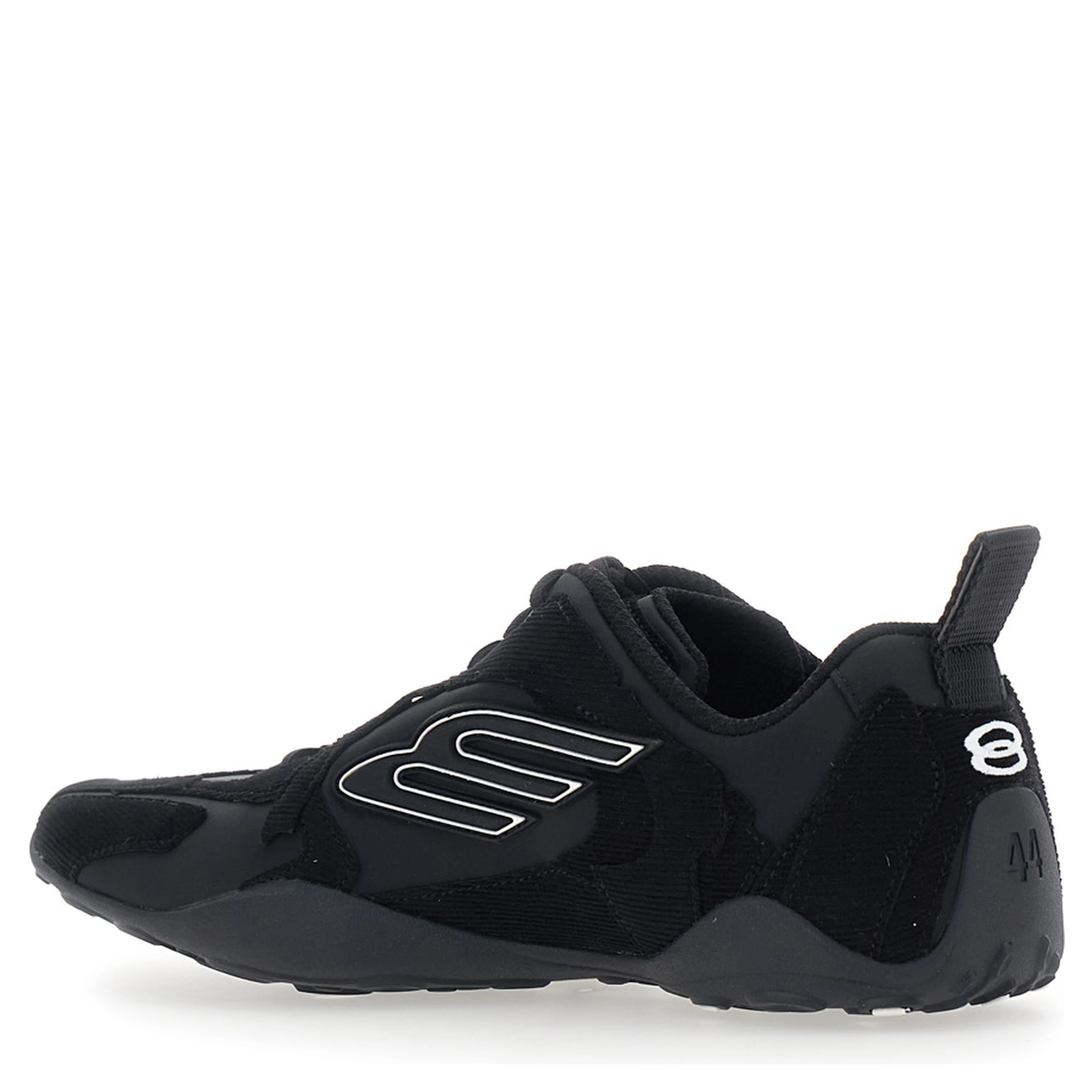 Monday Ultra Black Low Top Sneakers with Logo Detail on the Side and Corduroy Panels in Tech Fabric Man
