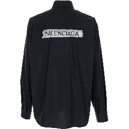 Black shirt with button-down collar and logo on front and back in cotton man