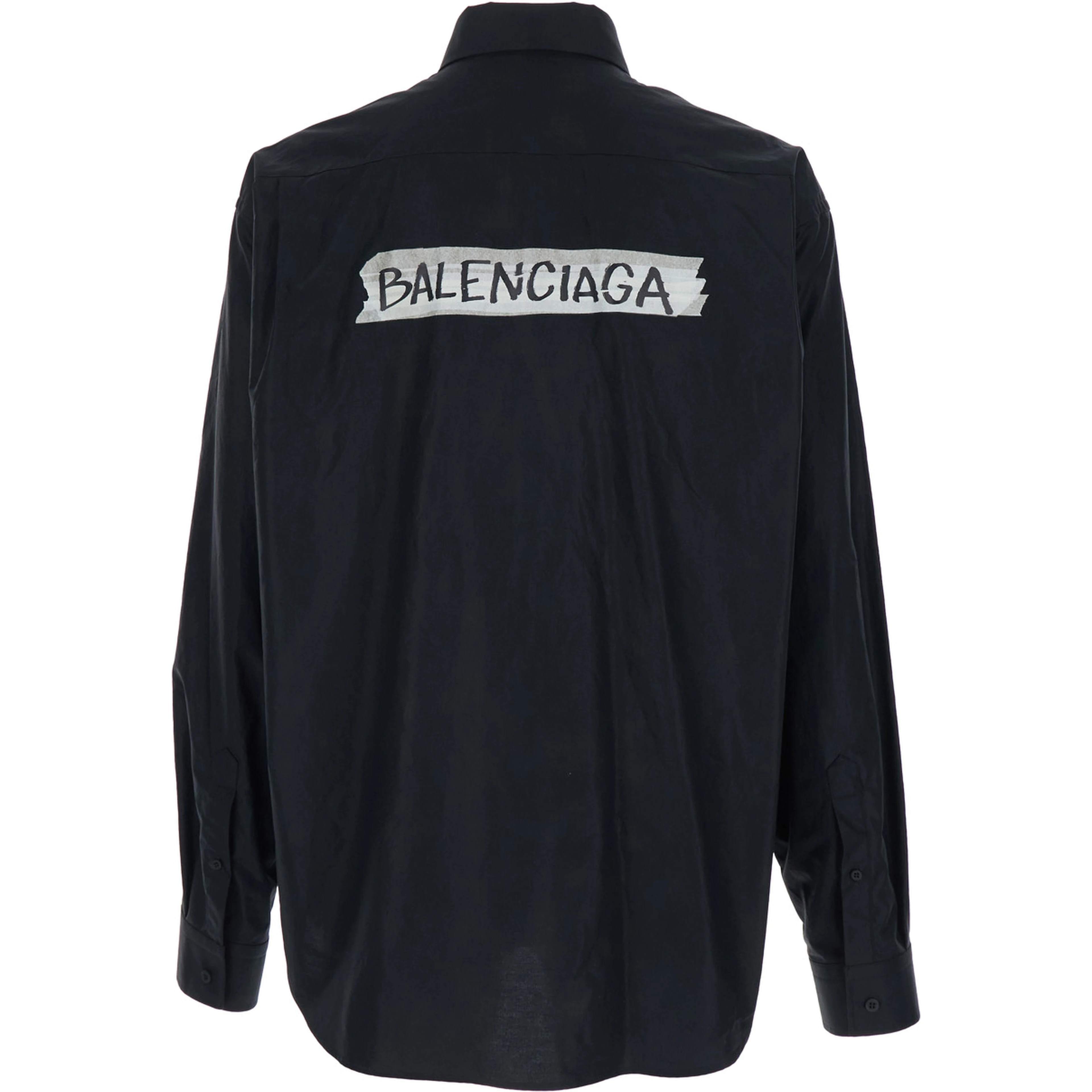 Black shirt with button-down collar and logo on front and back in cotton man