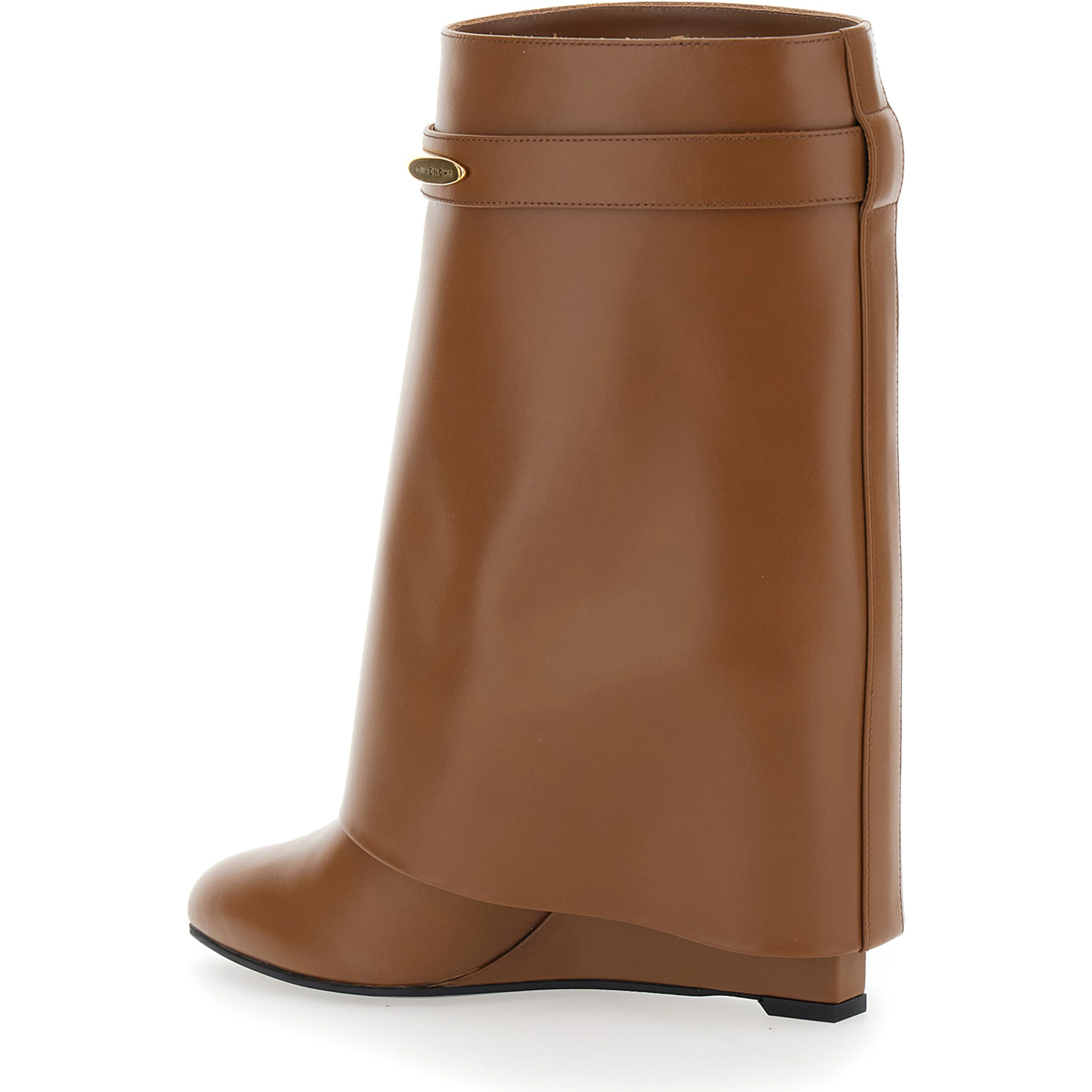 Wedge Heel Ankle Boots with Logo Plate on the Side in Brown Leather for Women