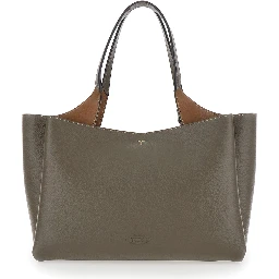 Grey Medium handbag with T metal pendant in leather for women