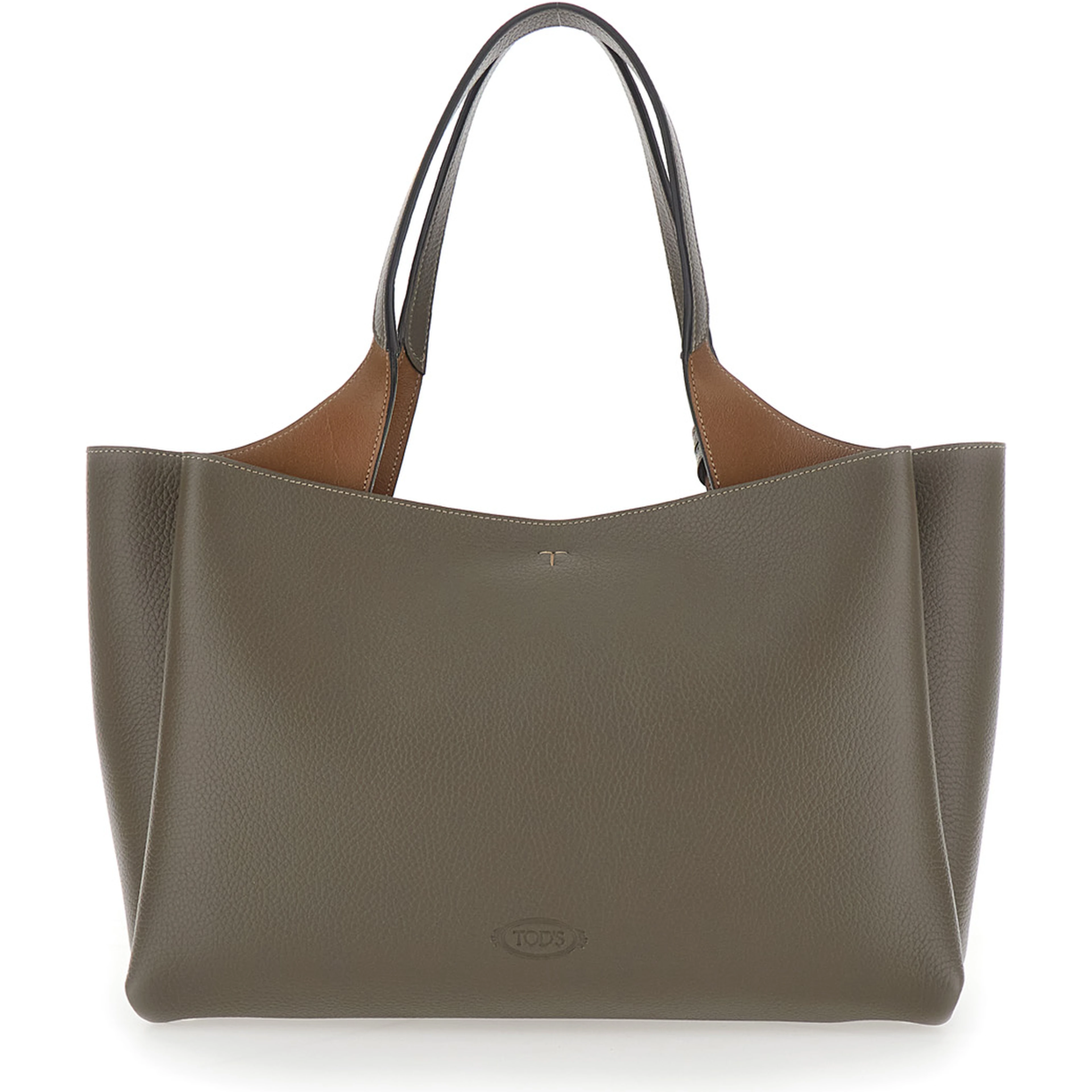 Grey Medium handbag with T metal pendant in leather for women