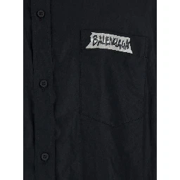 Black shirt with button-down collar and logo on front and back in cotton man