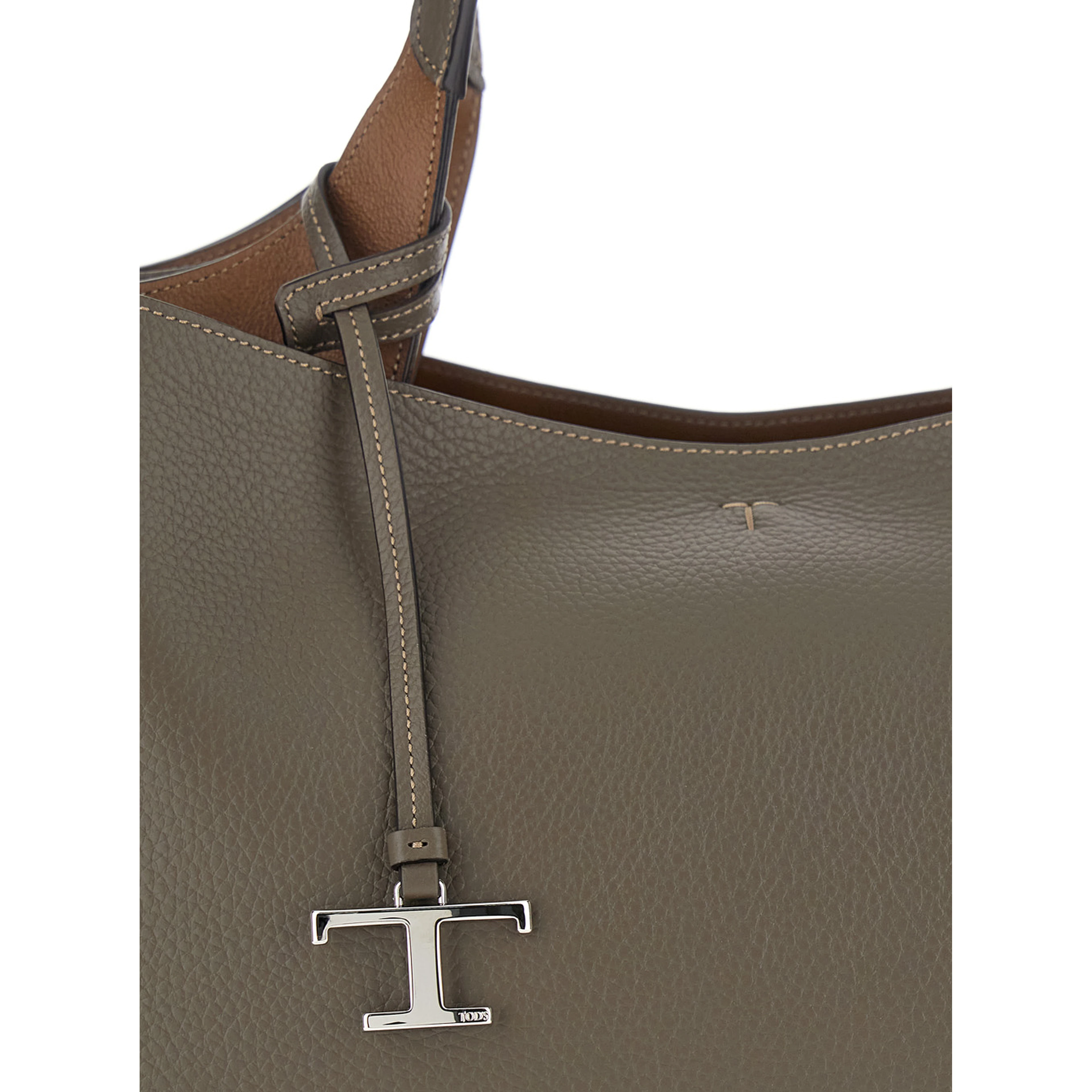 Grey Medium handbag with T metal pendant in leather for women