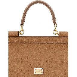 My Sicily Medium Brown Handbag with Logo Plate on Front in Grained Leather for Women