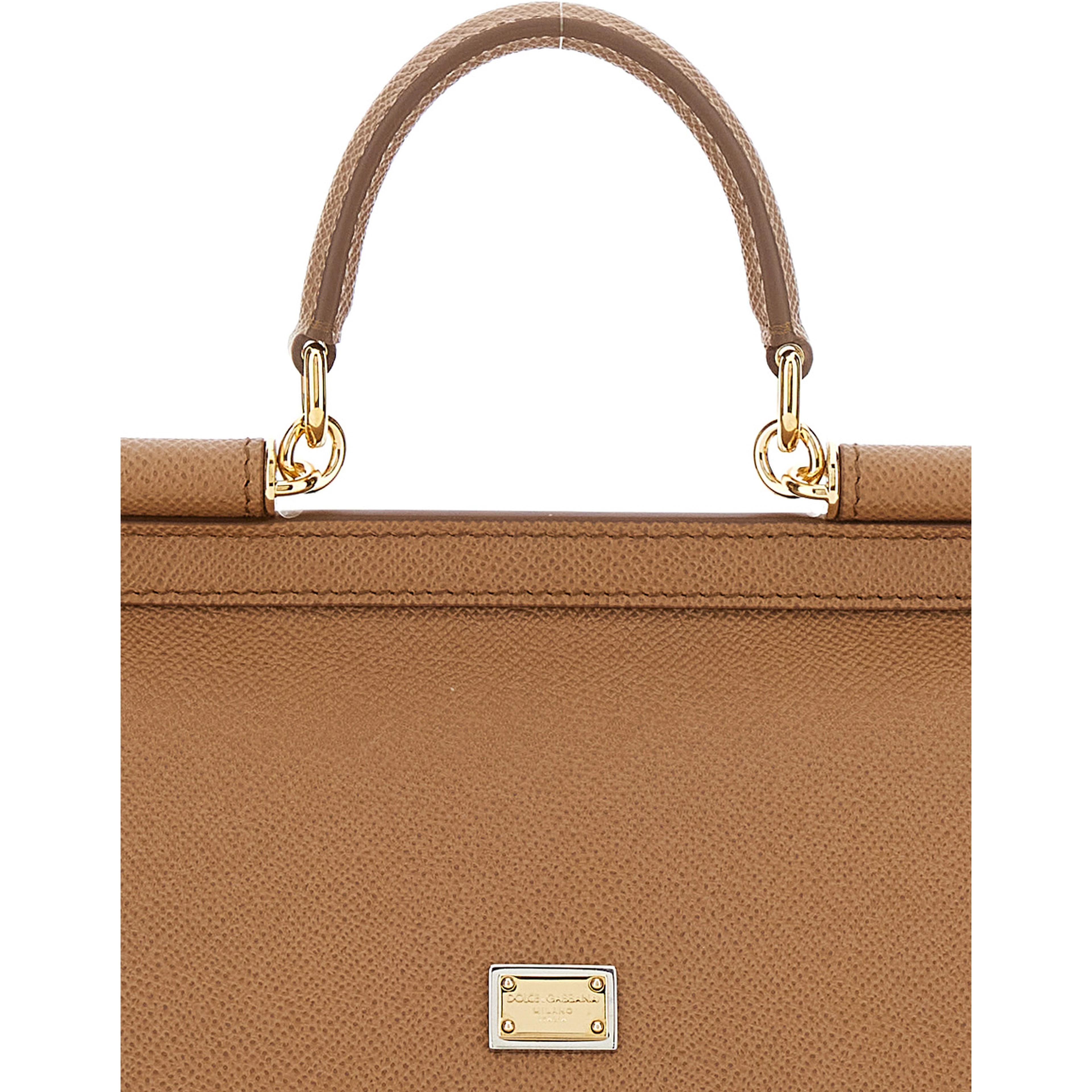 My Sicily Medium Brown Handbag with Logo Plate on Front in Grained Leather for Women