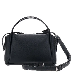 Black Shoulder bag with T plaque on the front and adjustable and removable strap in leather for women