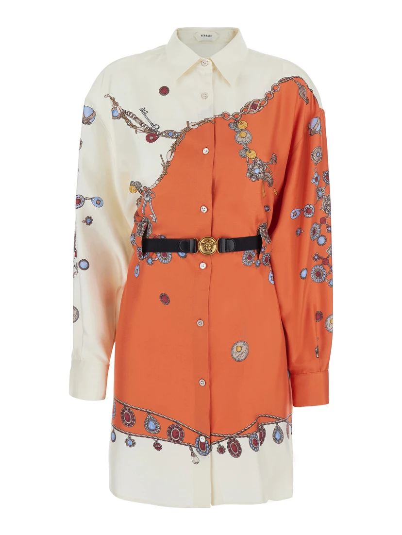 multicolor Dress with all-over print and Medusa Head buckle belt at the waist in silk for women