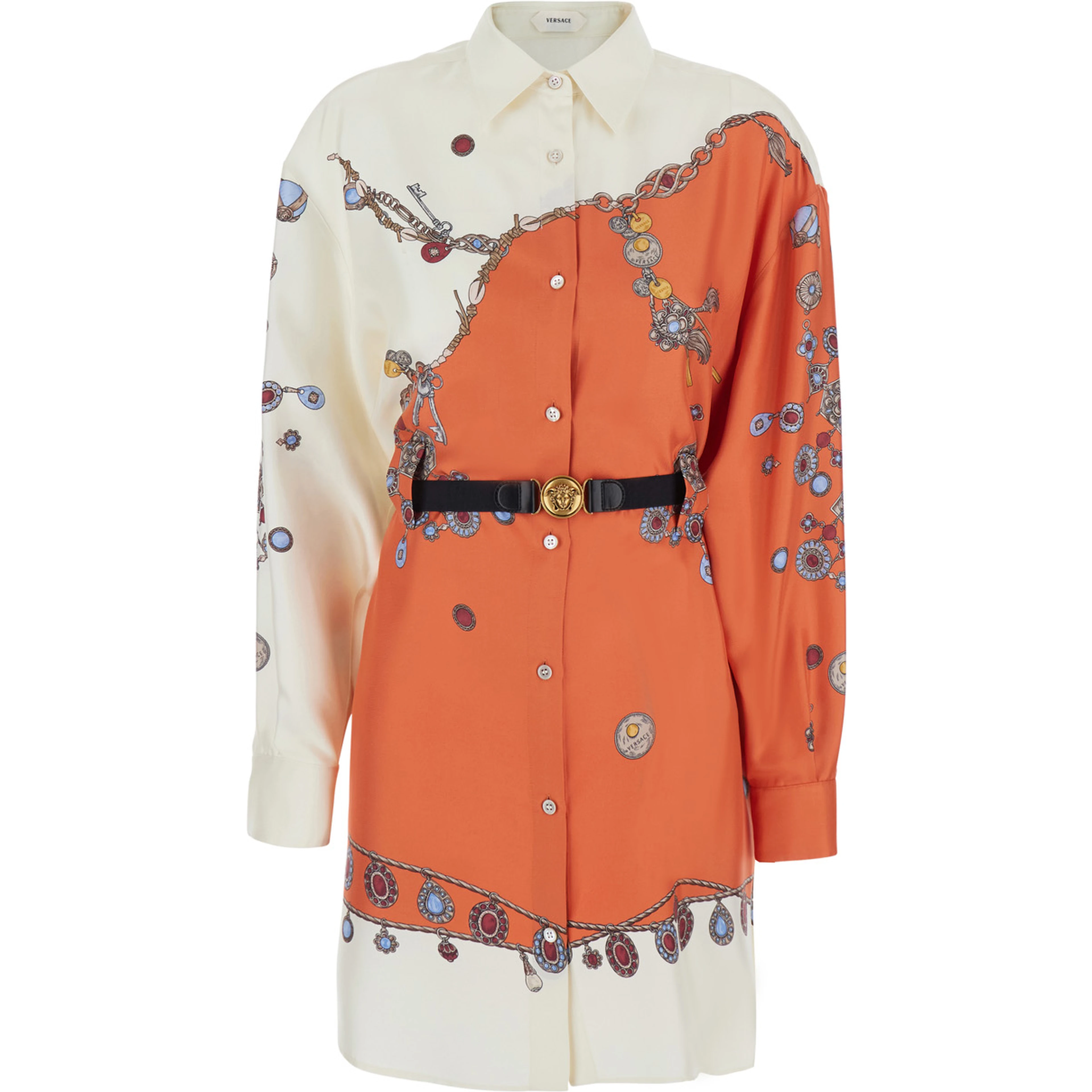 multicolor Dress with all-over print and Medusa Head buckle belt at the waist in silk for women