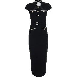 Black Long Dress with Bow on the Front and Belt in Wool for Women