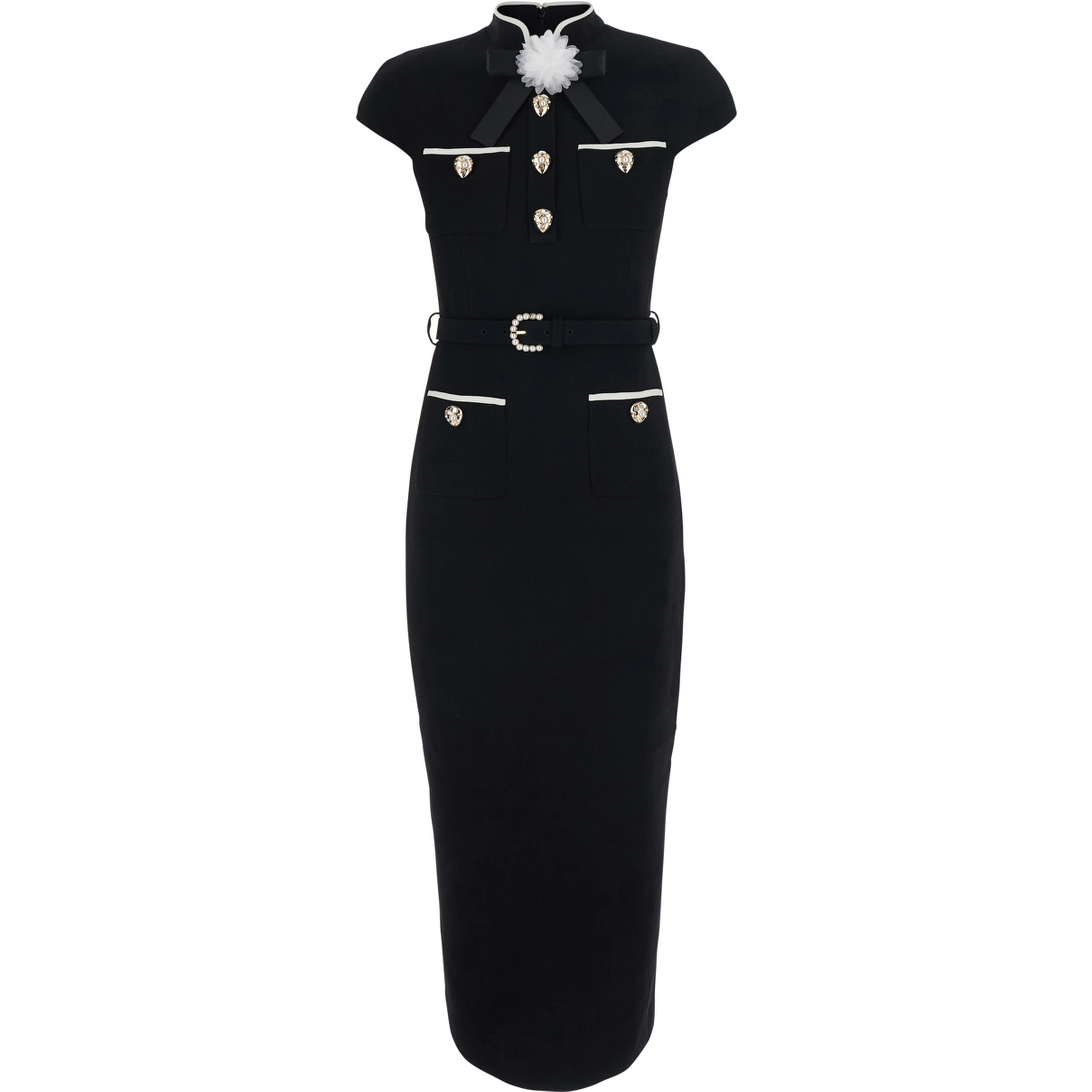 Black Long Dress with Bow on the Front and Belt in Wool for Women