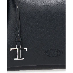 Black Shoulder bag with T plaque on the front and adjustable and removable strap in leather for women