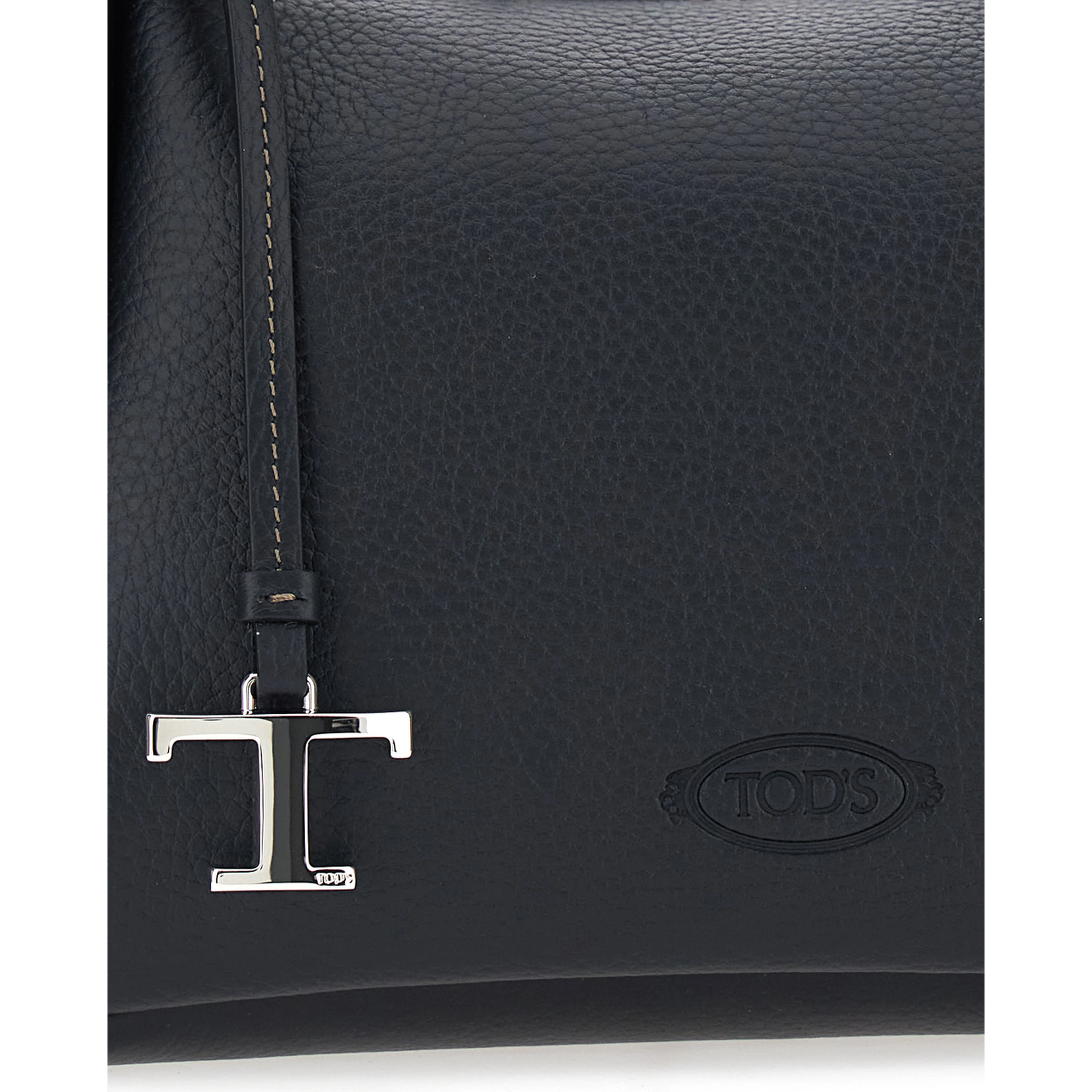 Black Shoulder bag with T plaque on the front and adjustable and removable strap in leather for women