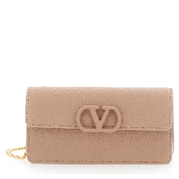 pink Mini crossbody bag with chain strap and VLogo plaque on the front in leather for women