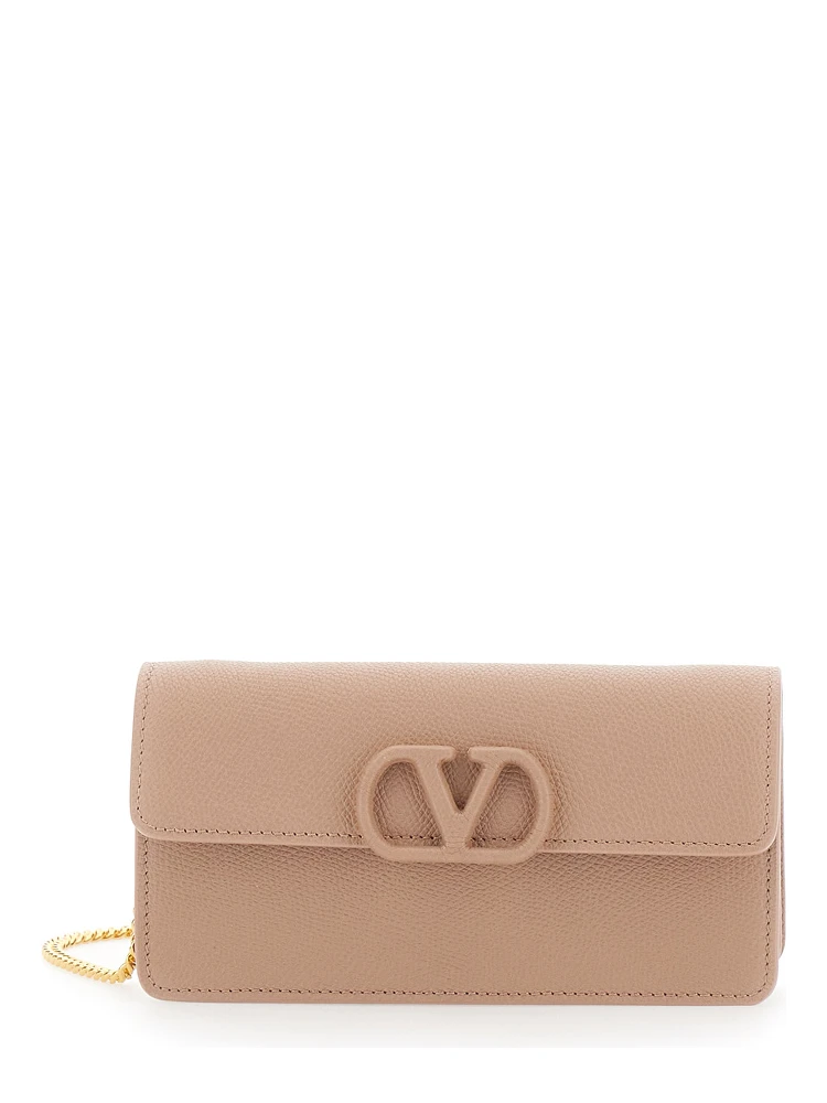 pink Mini crossbody bag with chain strap and VLogo plaque on the front in leather for women