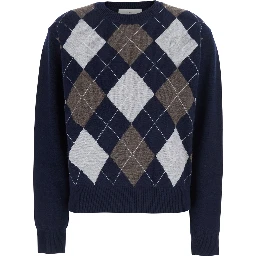 Crewneck sweater with argyle motif in blue wool for men
