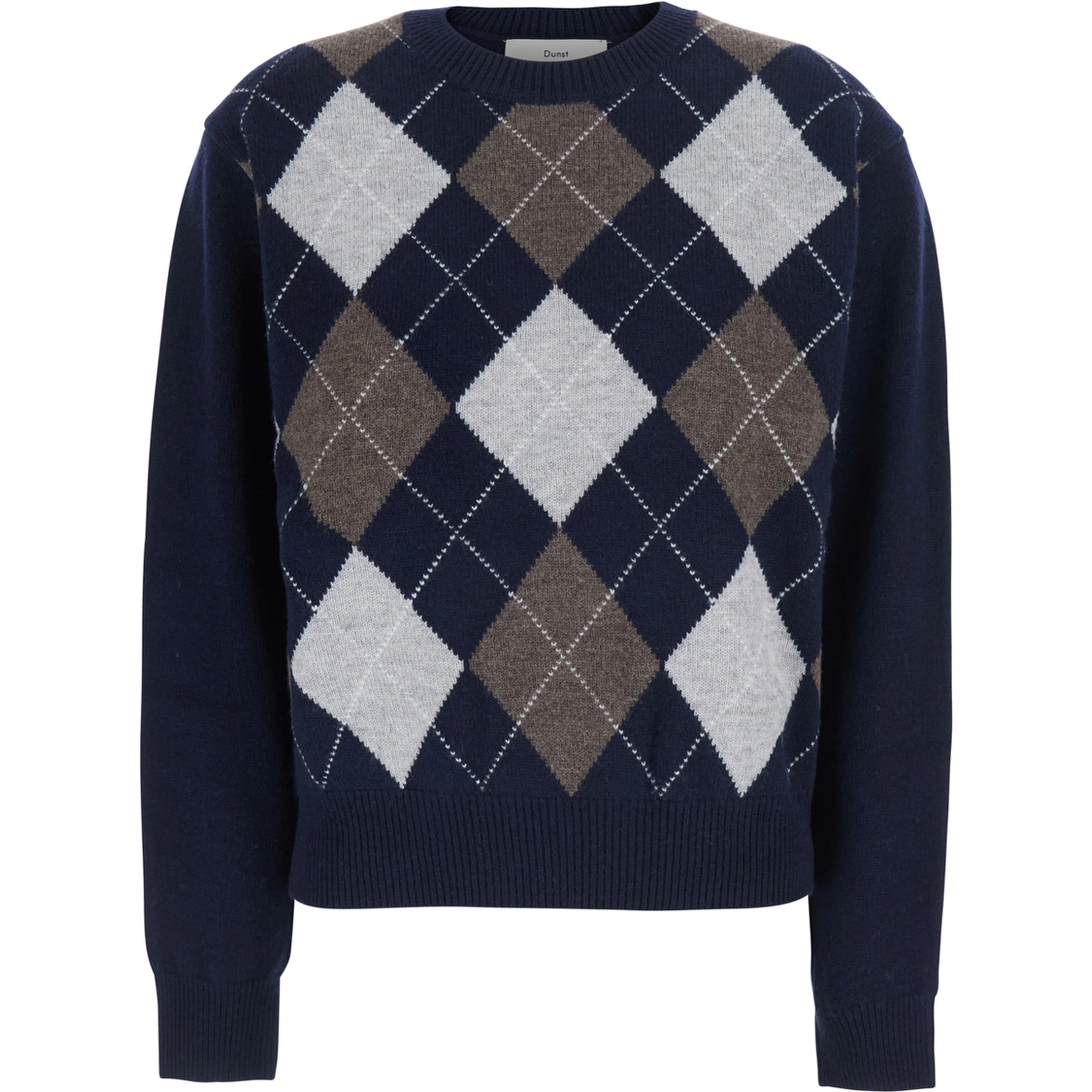 Crewneck sweater with argyle motif in blue wool for men