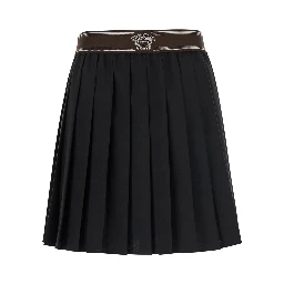 Black Pleated skirt with Medusa decoration at the waist in wool for women