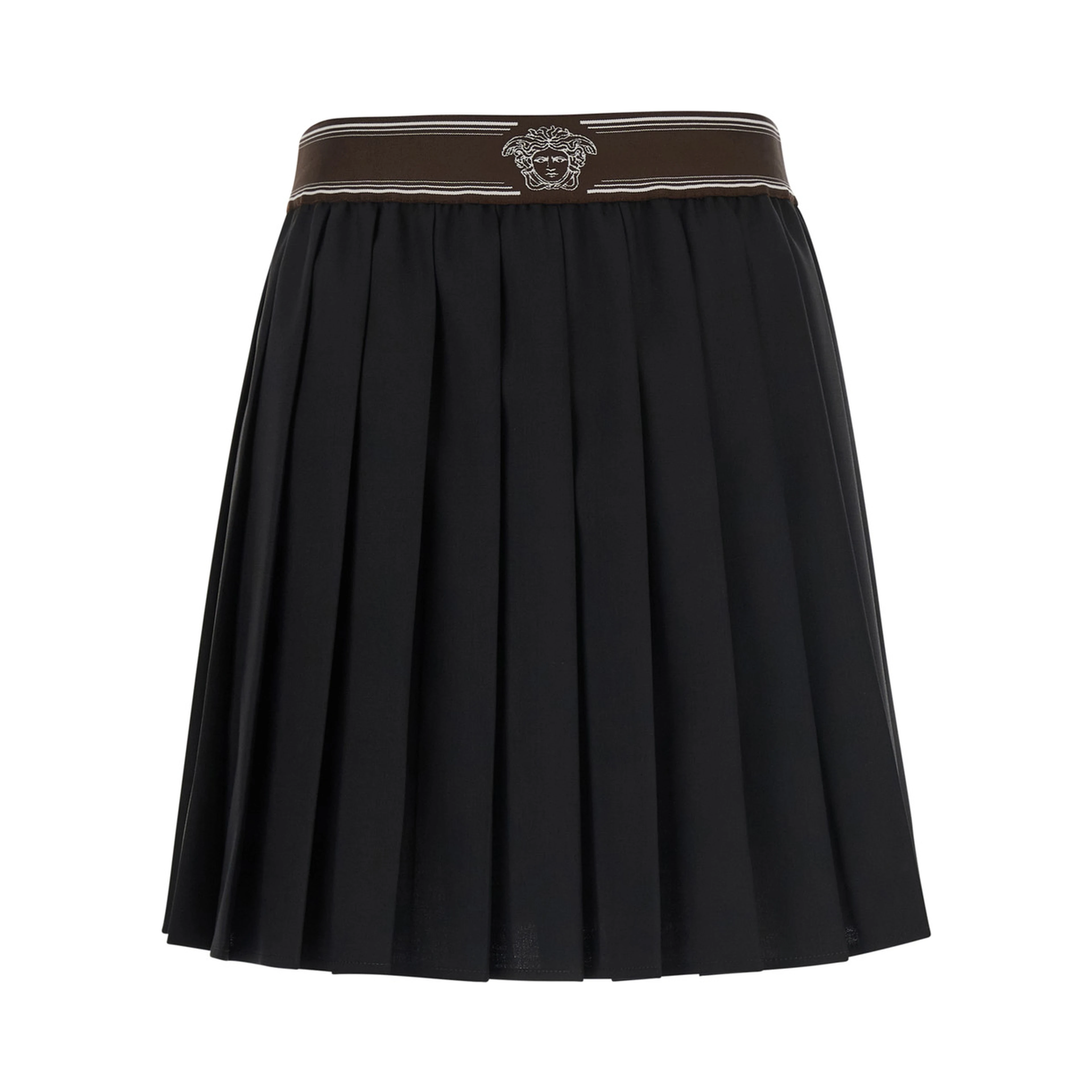 Black Pleated skirt with Medusa decoration at the waist in wool for women