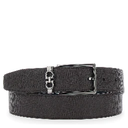 Brown Reversible Belt with Gancini Buckle in Grained Leather Men