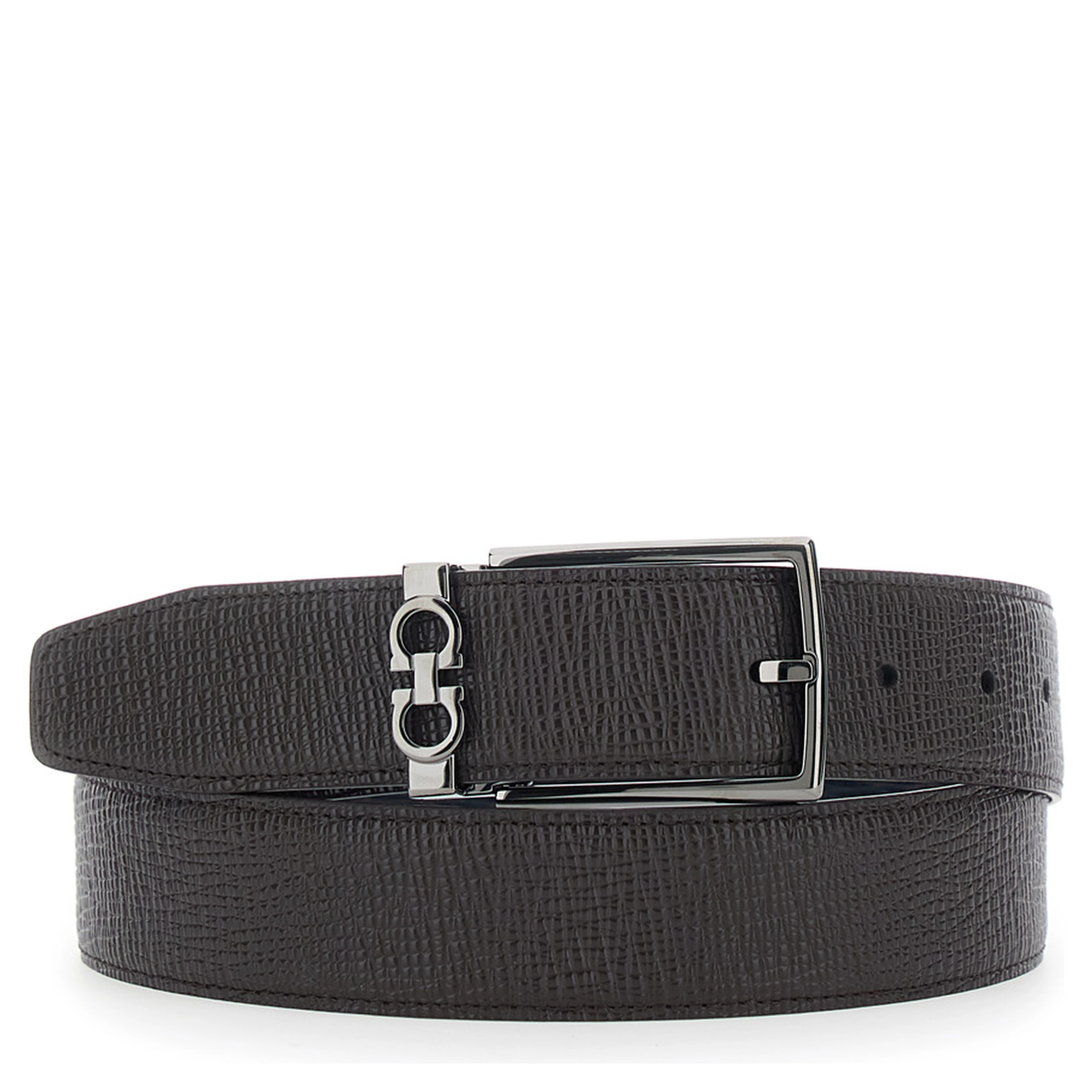 Brown Reversible Belt with Gancini Buckle in Grained Leather Men